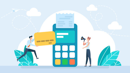 Cash register terminal purchase checkout, sales outlet with buyer. Banking payment cashier services. POS Terminal, debit credit card. Terminal for cashier employee in store. Vector illustration - obrazy, fototapety, plakaty