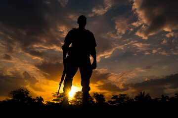 Fototapeta premium military soldier against the backdrop of the sunset sunny sky generative ai