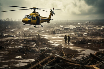 helicopter lands rescue operation after tsunami generative ai - obrazy, fototapety, plakaty