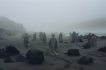 ghosts on the foggy ocean shore. generative ai