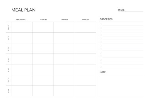 meal plan, minimalistic weekly meal planner printable template. Meal planning and groceries list. Healthy meal plan for diet and foot. Vector template. EPS 10