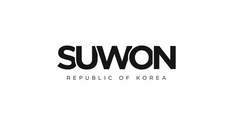 Suwon in the Korea emblem. The design features a geometric style, vector illustration with bold typography in a modern font. The graphic slogan lettering.