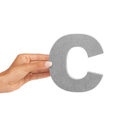 Hands, alphabet and capital letter c in studio isolated on a white background mockup space. Fingers, font and closeup of sign for typo, communication or learning language, character or uppercase icon