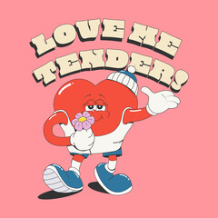 Groovy valentine card. A walking cartoon heart with a flower in its hand and the inscription 