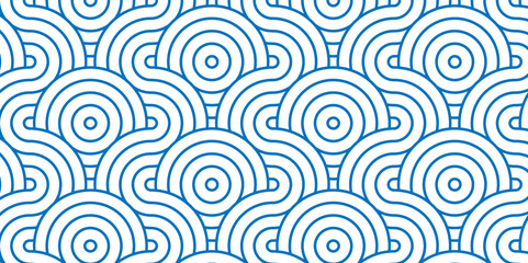 Modern diamond geometric ocean spiral pattern and abstract circle wave lines. blue seamless tile stripe geomatics overlapping create retro square line backdrop pattern background. Overlapping Pattern.