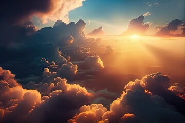 Fluffy clouds in the sky. sunset in the clouds. Generative AI Art. Beautiful view. - obrazy, fototapety, plakaty