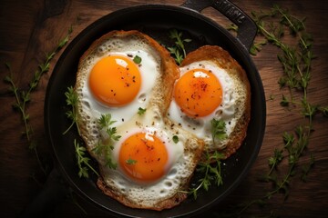  two fried eggs are in a frying pan with parsley on the side of the frying pan on a wooden table.