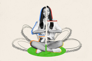 Creative collage picture illustration calm young girl meditating harmony planning concentration...