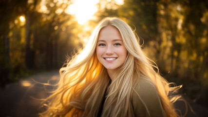 Naklejka premium Golden Hour Radiance: Close-Up of Smiling Young American Woman with White Hair in Evening Park