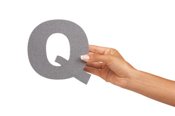 Hand, capital letter and spelling q in studio and education or alphabet by white background. Text,...