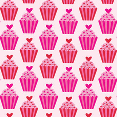 Cute Cupcakes with red hearts seamless pattern in red and pink over light background.  For valentine’s day backgrounds, wrapping paper and fabric. 