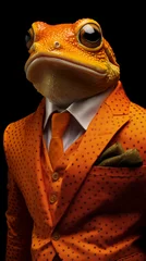 Orange frog dressed in an elegant suit, standing as a confident leader and a powerful businessman. Fashion portrait of an anthropomorphic animal posing with a charismatic human attitude © mozZz