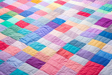 Colorful quilt is laying on bed with white pillow. - obrazy, fototapety, plakaty