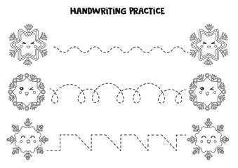 Tracing lines for kids. Cartoon black and white snowflakes. Writing practice.