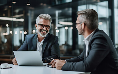 Two successful businessman discussing some project, talking over document, sitting in the office.