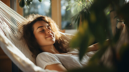 Relaxed young woman resting in comfortable hammock at home - obrazy, fototapety, plakaty
