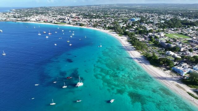 Aerial landscape view of Bay Area of Carlisle Bay at Bridgetown, Capital of Barbados around "Brownes Beach" with white sand beach and amazing turquoise water 