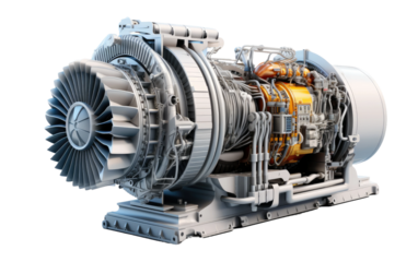 Big And Solid Frame Industrial Gas Turbine on White or PNG Transparent Background.