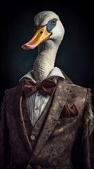 Goose dressed in an elegant suit, standing as a confident leader and a powerful businessman. Fashion portrait of an anthropomorphic animal posing with a charismatic human attitude © mozZz