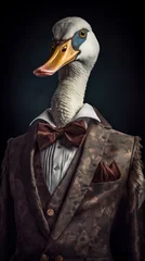 Goose dressed in an elegant suit, standing as a confident leader and a powerful businessman. Fashion portrait of an anthropomorphic animal posing with a charismatic human attitude © mozZz
