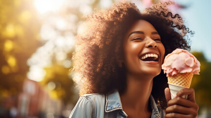 Happy young woman on the street having fun and holding vanilla ice cream in waffle cone, enjoying tasty delicious ice cream in waffle cone