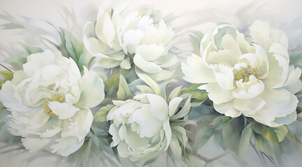 White peonies on a white background. Greeting card.