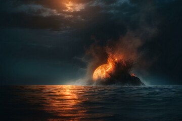 A picture of a burning moon falling into the ocean