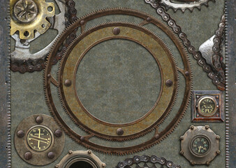 Horizontal banner with metallic round frame, vintage details and retro rivets. Copy space for text. Can be used for steampunk and mechanical design