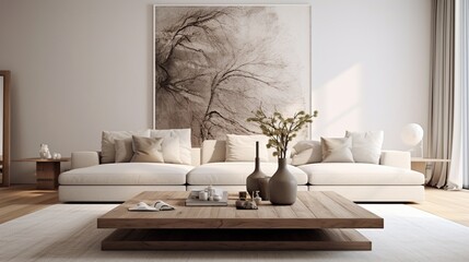 A minimalistic living room with clean lines, neutral colors, and a statement coffee table
