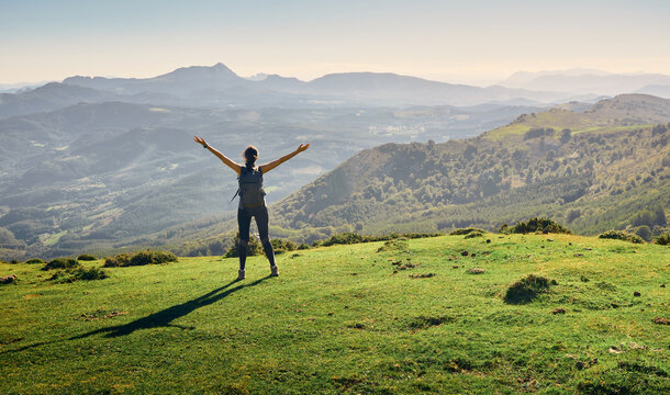 woman young hike explorer successful climb mountain gorbea