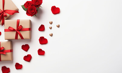 Gift box, bouquet of roses and red hearts on white background.
