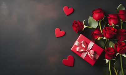 Gift box, bouquet of roses and red hearts on dark background.