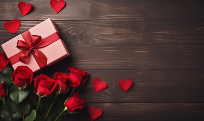 Gift box, bouquet of roses and red hearts on wooden background.