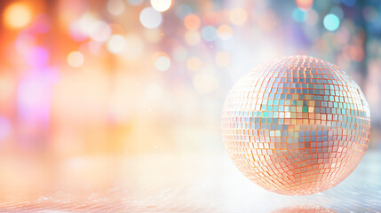 Fototapeta na wymiar Bright disco ball on white glitter blur background