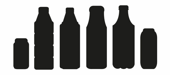 A set of icons for cans and bottles for drinks. A bottle of water. Flat  illustration. Isolated on a white background.