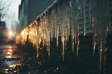  icicles hanging from the side of a house on a cold day with a street light in the back ground.