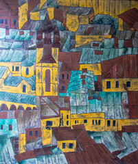 View of the center of Lviv, Ukraine. Abstract background of multi-colored acrylic painting on canvas. Details of the painting.