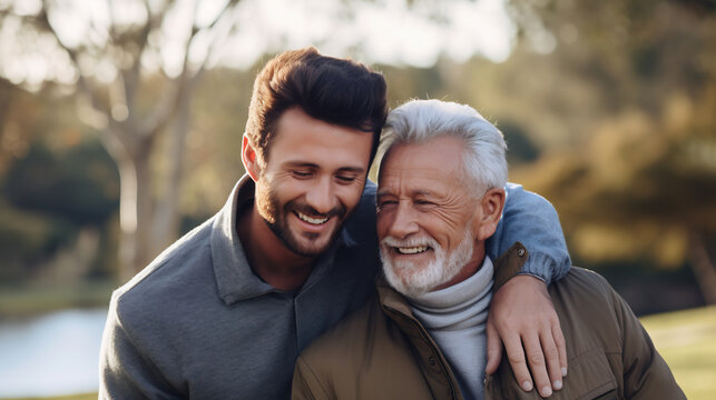Senior father spending time with his adult son walking in the park. A man hugs his elderly father, relaxation and lifestyle after retirement concept