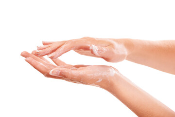 Sanitary, soap and closeup of washing hands in studio for hygiene, wellness or self care. Cosmetic, foam and zoom of person or model clean skin to prevent germs, bacteria or dirt by white background. - obrazy, fototapety, plakaty