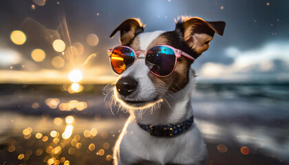 Jack Russell sur une plage avec des lunettes de soleil - obrazy, fototapety, plakaty