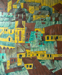 View of the center of Lviv, Ukraine. Abstract background of multi-colored acrylic painting on canvas. Details of the painting.