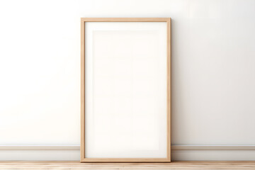 Single wooden empty picture frame leaning on white wall. Poster mockup