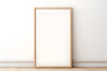 Fotobehang Single wooden empty picture frame leaning on white wall. Poster mockup © Firn
