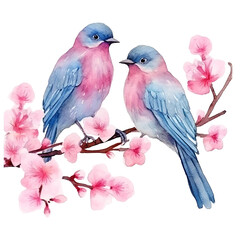 Watercolor illustration of a pair of birds on a branch of blossom