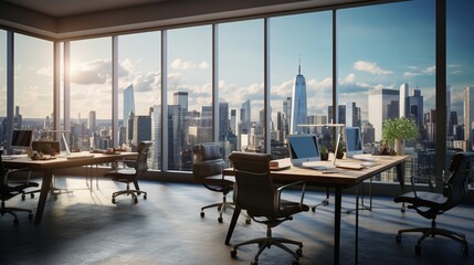 A modern office with sleek desks, ergonomic chairs, and large windows overlooking the cityscape
