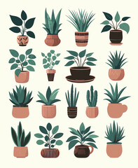 A set of stylish potted plants for home and office decor. Trendy flat-style illustrations with simple graphic design for urban jungles