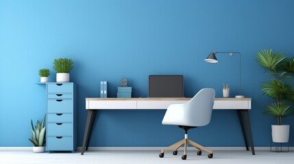 A modern office with a blue accent wall, minimalist desk, and ergonomic chair