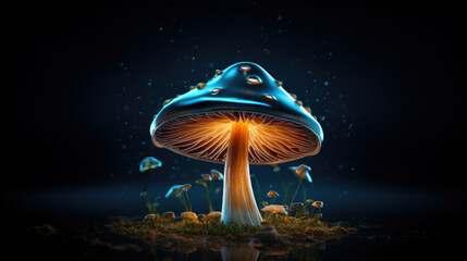Mushroom. Fantasy Glowing Mushrooms in mystery dark forest close-up. Beautiful macro shot of magic mushroom, fungus. Border art design. Magic light. - obrazy, fototapety, plakaty