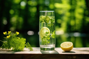  a glass of water with lemon, cucumber, and mint on a table in front of a green forest.