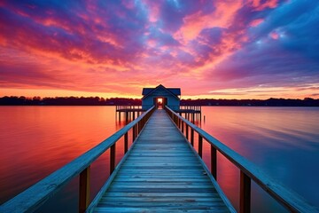  a wooden pier extending into a body of water with a red and blue sky in the background and a house on the end of the dock.
